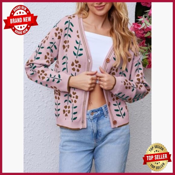 Floral Print V-Neck Cardigan Long Sleeve Loose Fit Button Front Sweater - Picture 5 of 7